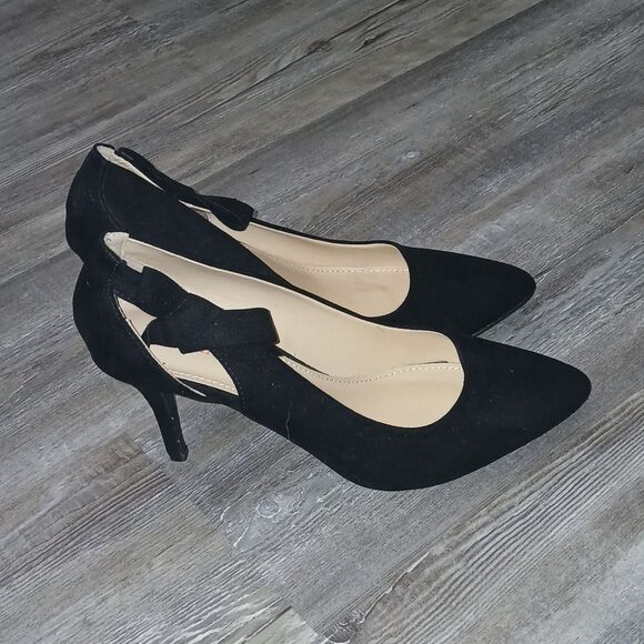 JustFab Carletta black suede heels pumps with bow on side Sz 10 - Picture 5 of 7